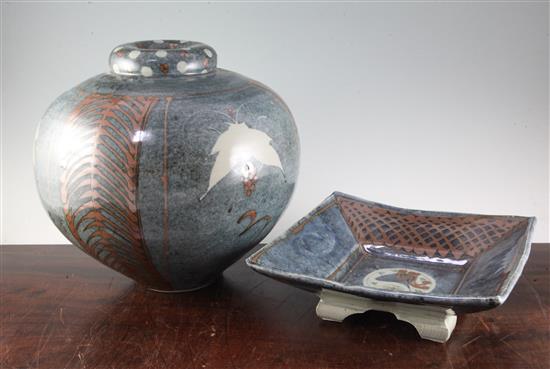 A David Frith jar and a similar square dish, jar 32.5cm, dish 30.5cm